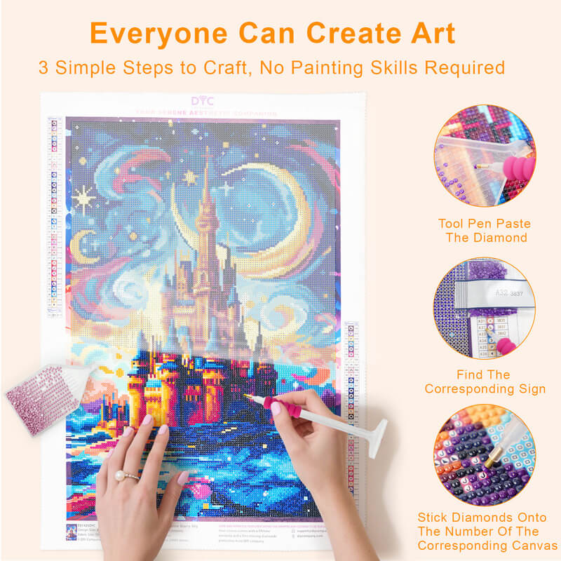 Step-by-step drilling process for Romance Starry Sky castle diamond painting – DYC