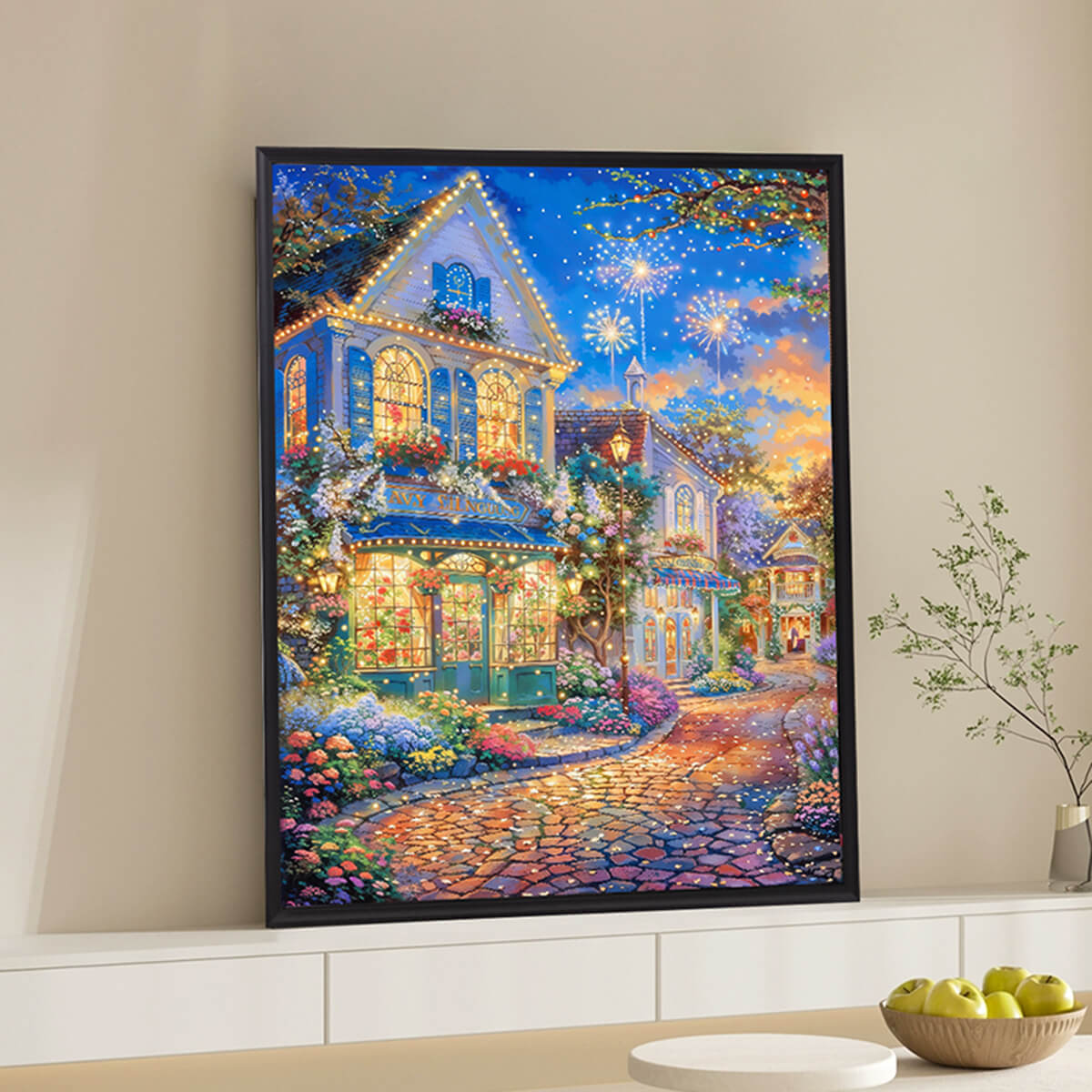 Finished romantic flower street diamond painting kit result – DYC