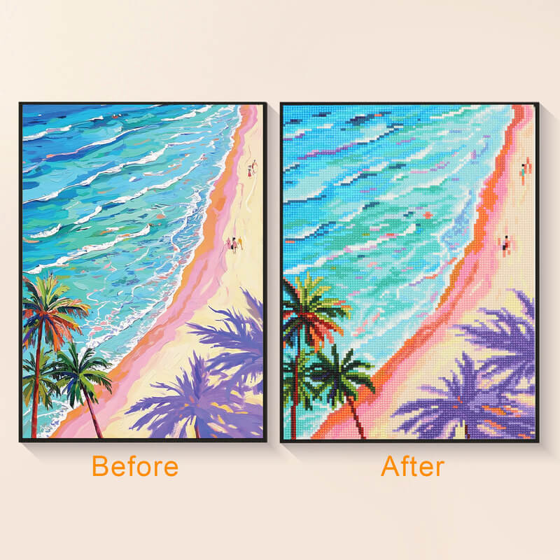 Original photo vs finished Sardinia Stroll beach diamond art – DYC