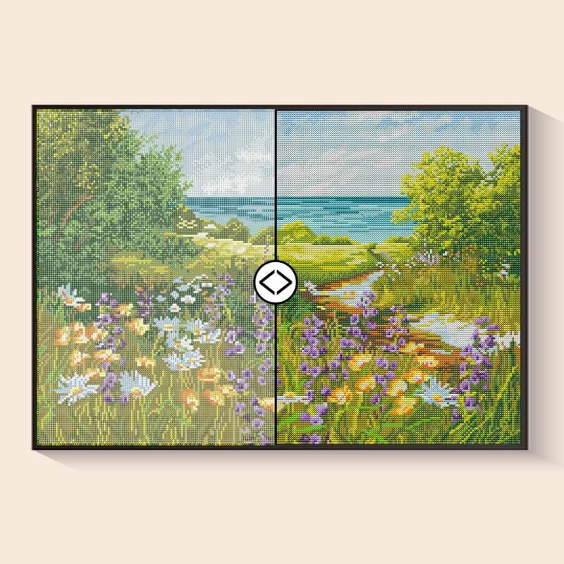 Original photo vs finished Seaside Wildflowers diamond art – DYC