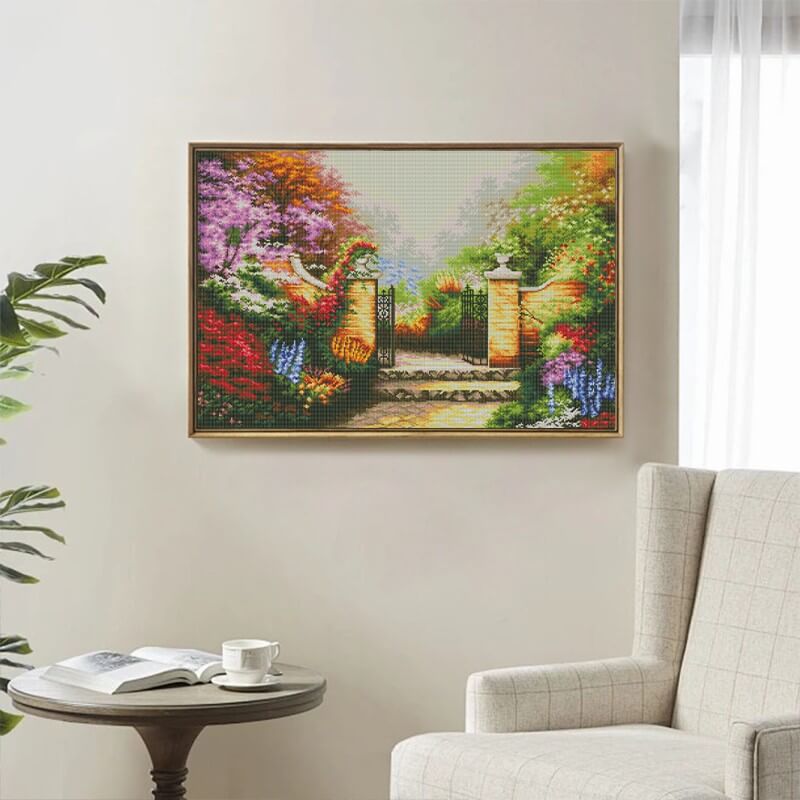 Finished Secret Garden Gate in Bloom Diamond Painting Kit – Spring floral décor | DYC