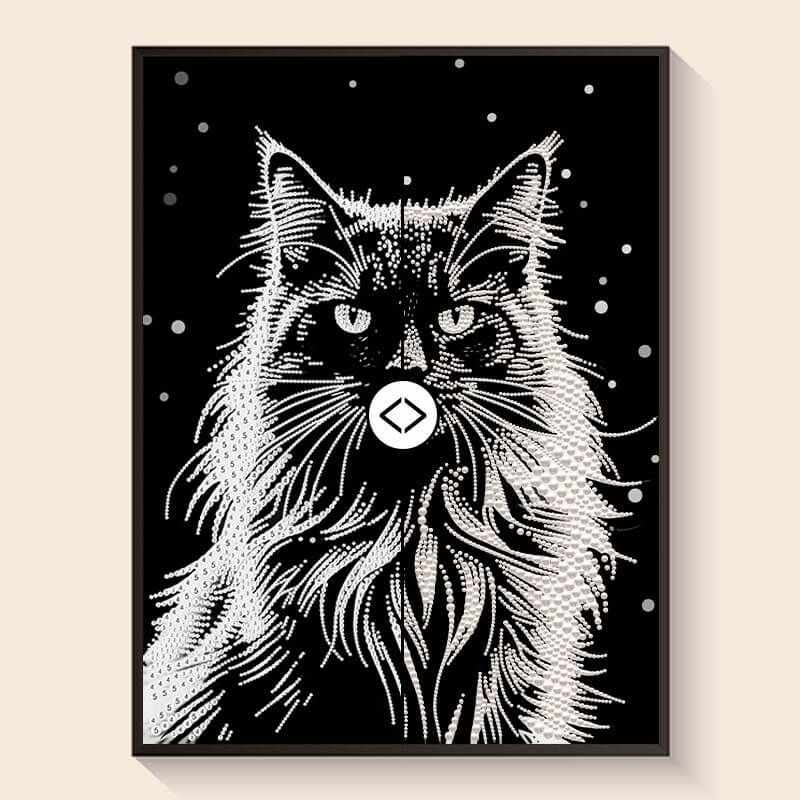 Original photo vs finished Snow Cat pearl art – DYC