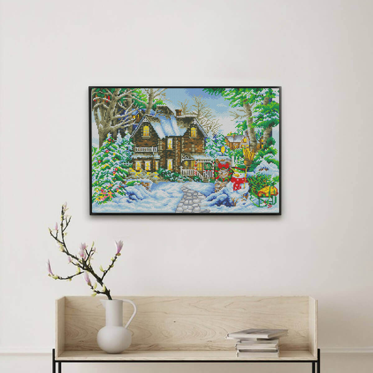 Wall decor scene with winter landscape diamond painting snowlit path cottage