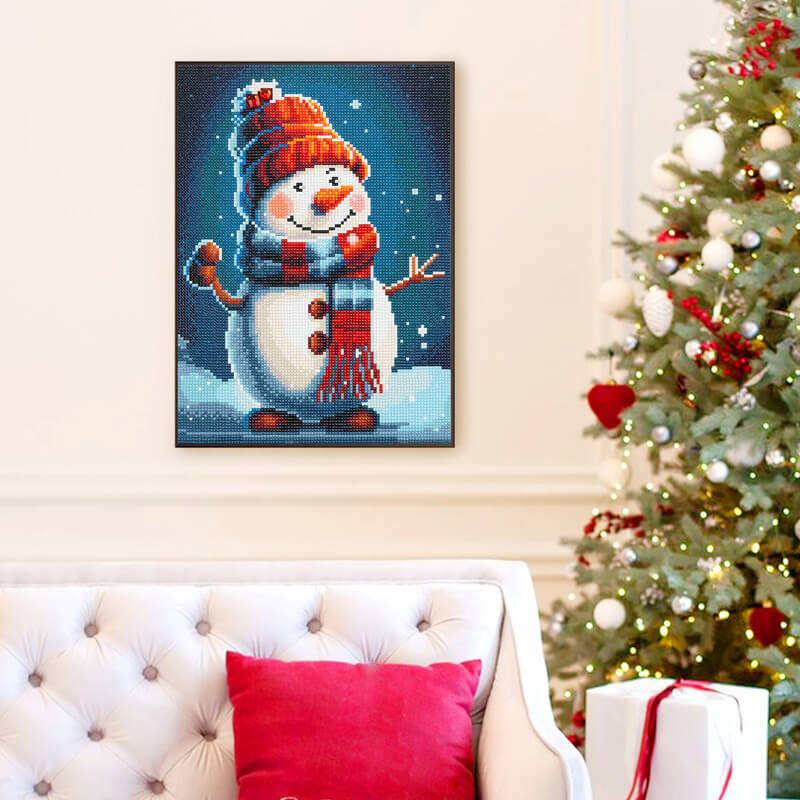 Snowman diamond art kit displayed as Christmas wall décor DYC