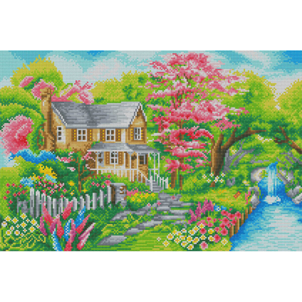 Spring landscape diamond painting – blossom cottage by the stream by DYC