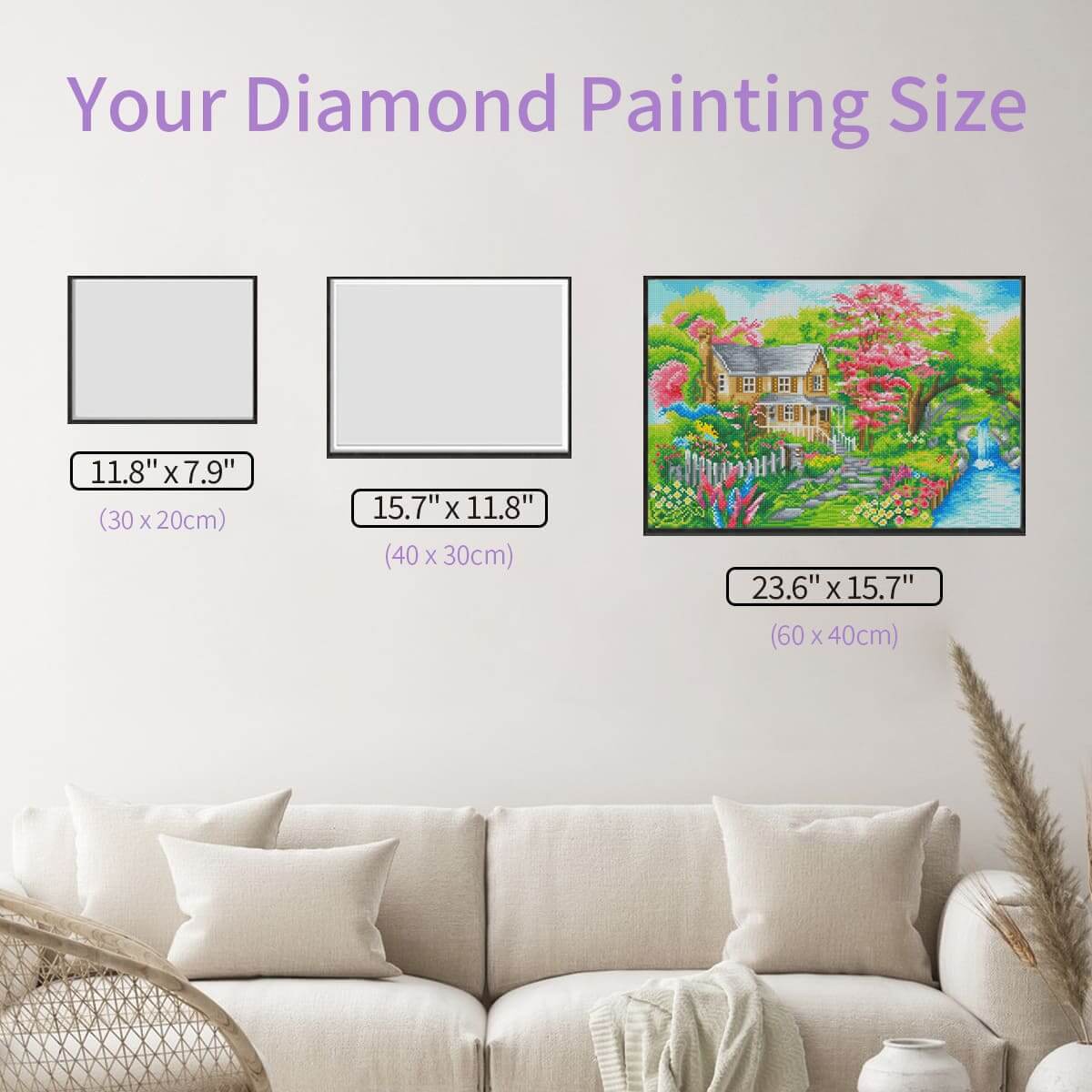 Size chart of spring landscape diamond painting blossom cottage by the stream