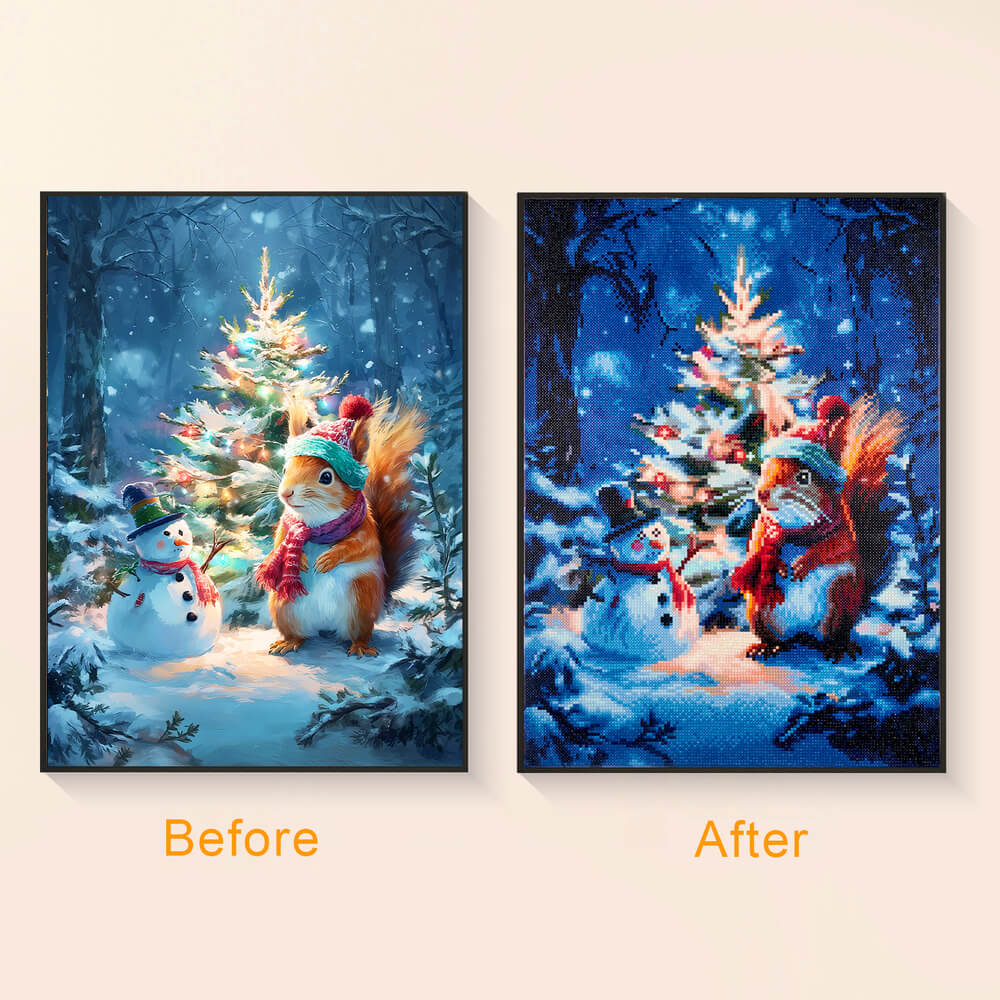 Before and after comparison of Squirrel's Christmas Glow diamond painting