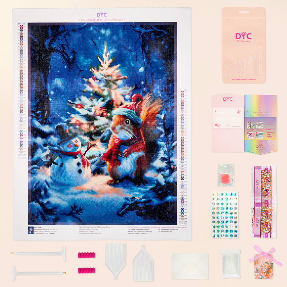 Complete Christmas diamond painting kit Squirrel's Christmas Glow with drills and tools