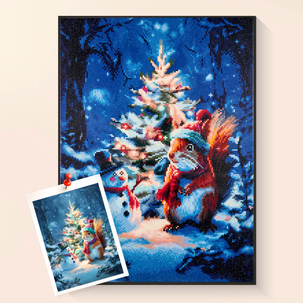 Christmas diamond painting kit Squirrel's Christmas Glow with festive tree