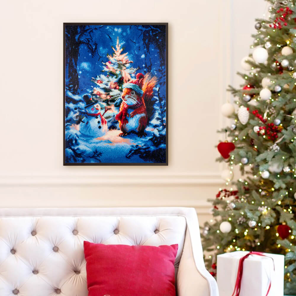 Squirrel's Christmas Glow diamond painting displayed as Christmas wall décor