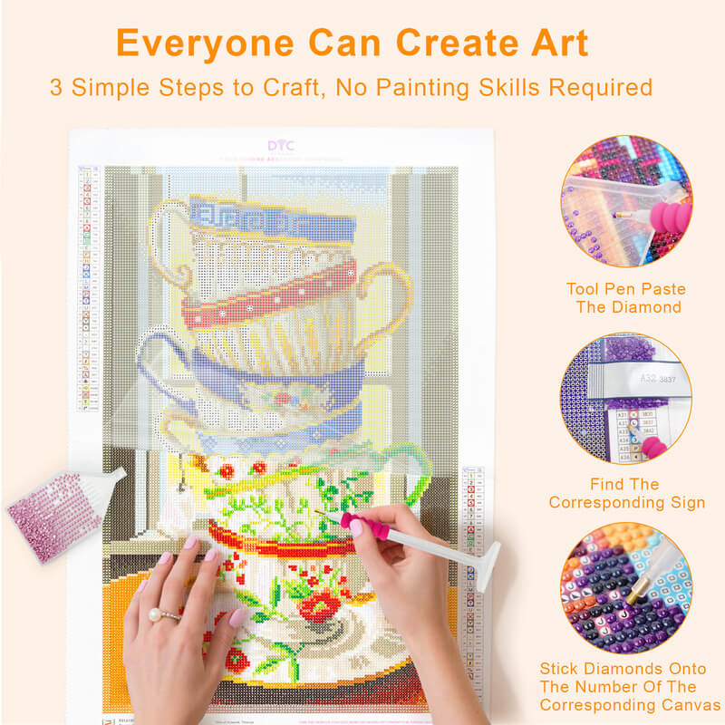 Step-by-step drilling process for stacked teacup diamond painting