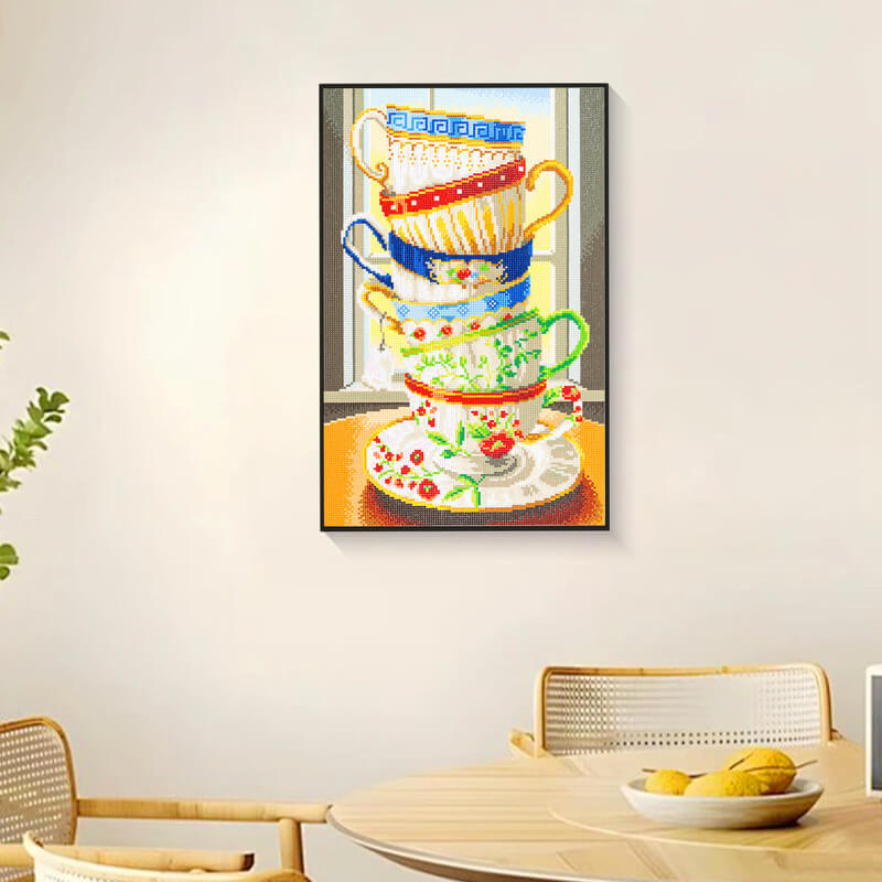 Stacked teacup diamond painting in home décor setting – DYC