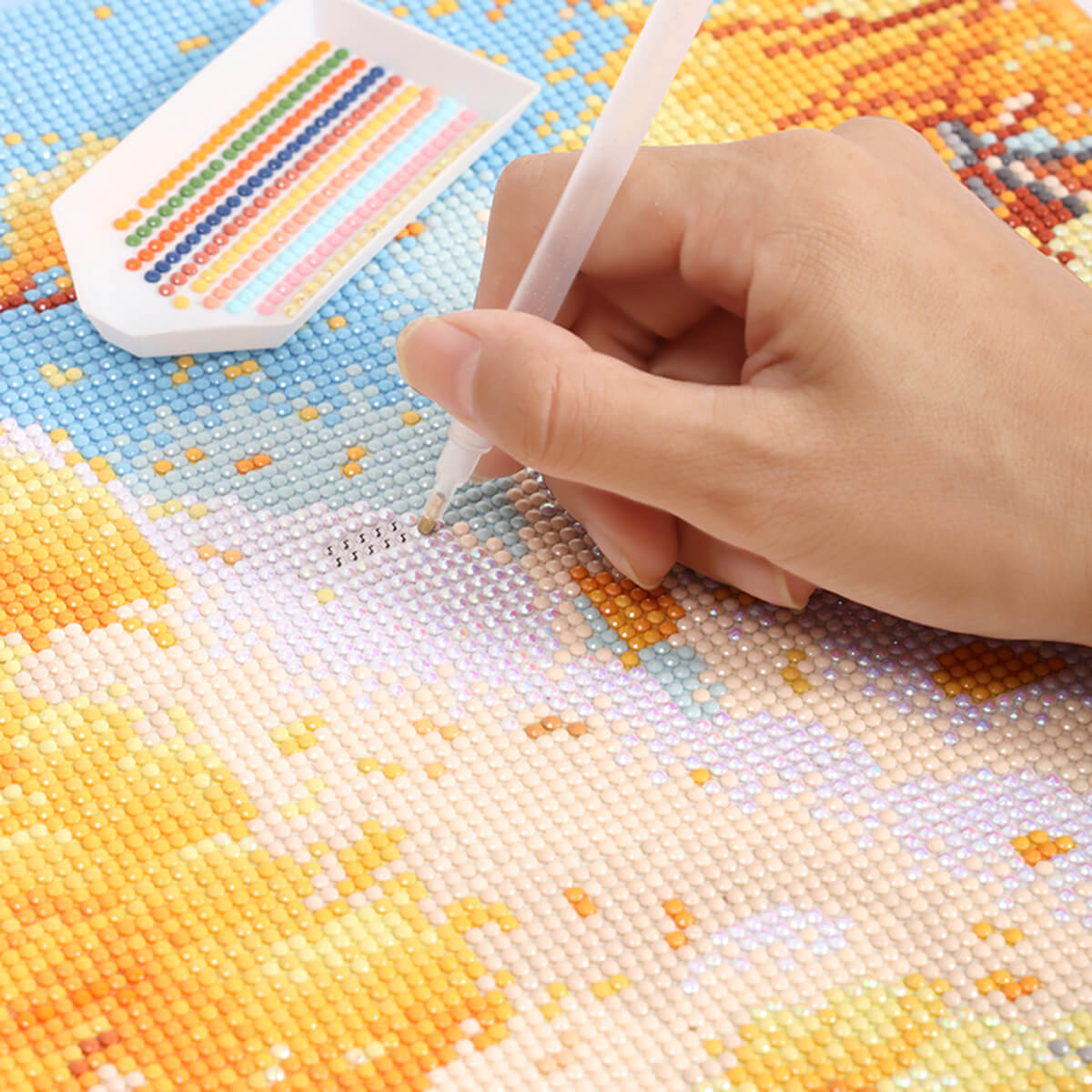 Step-by-step drilling process for starlit autumn town diamond painting