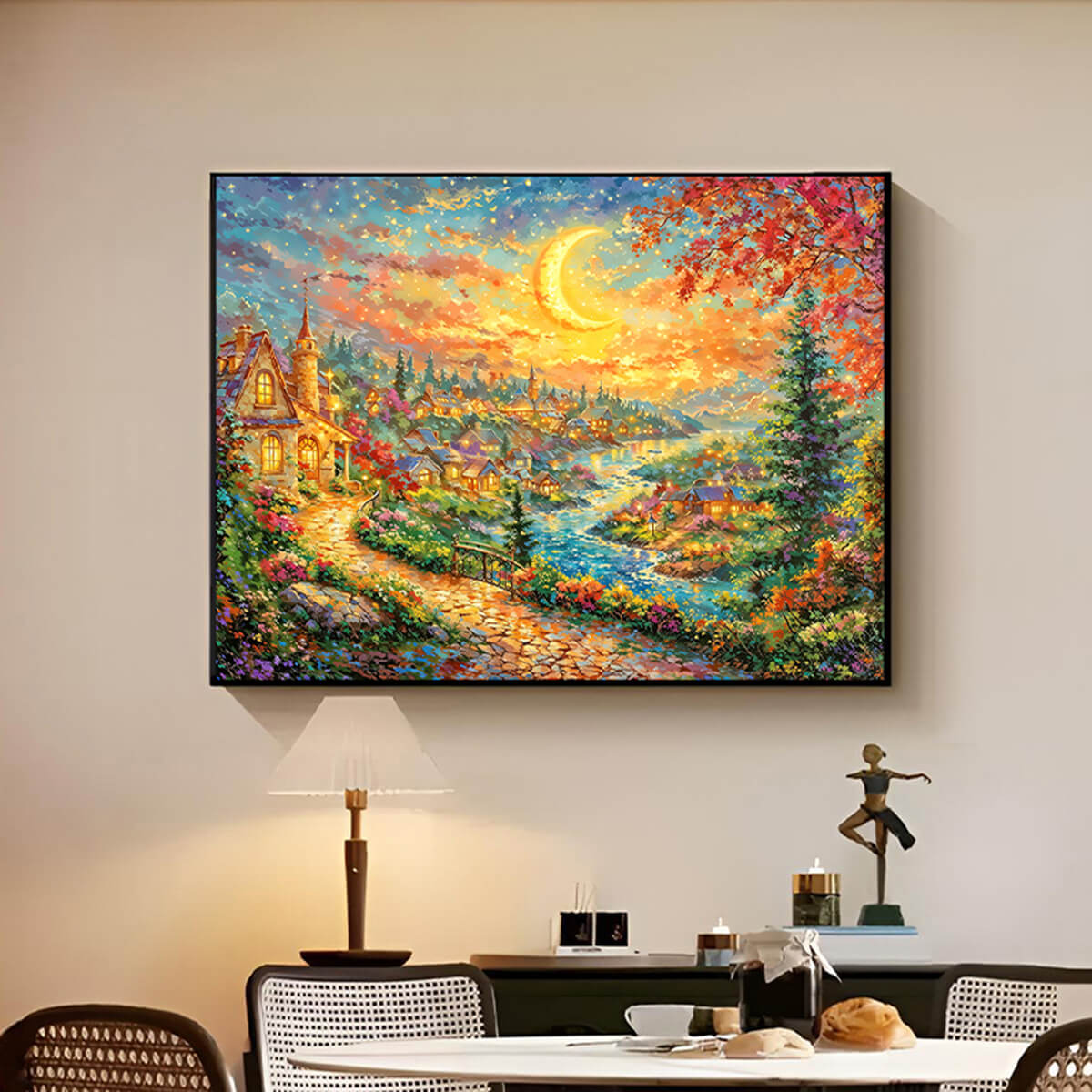 Starlit autumn town diamond painting in home décor setting – DYC
