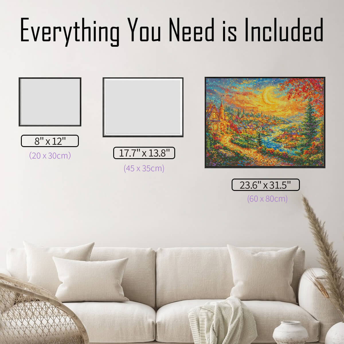 Diamond painting size guide – small to large starlit autumn town kit– DYC
