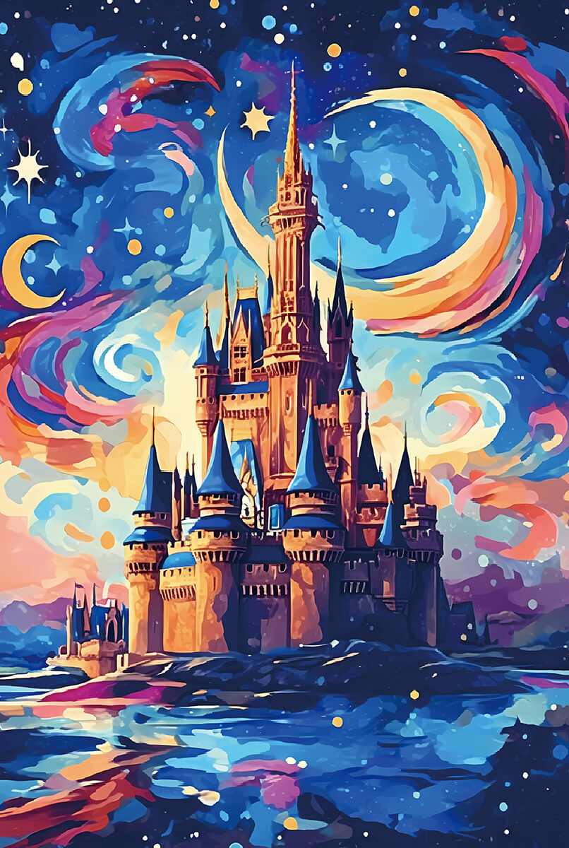 Starry Night Castle Dreams diamond painting kit – fantasy castle art by DYC