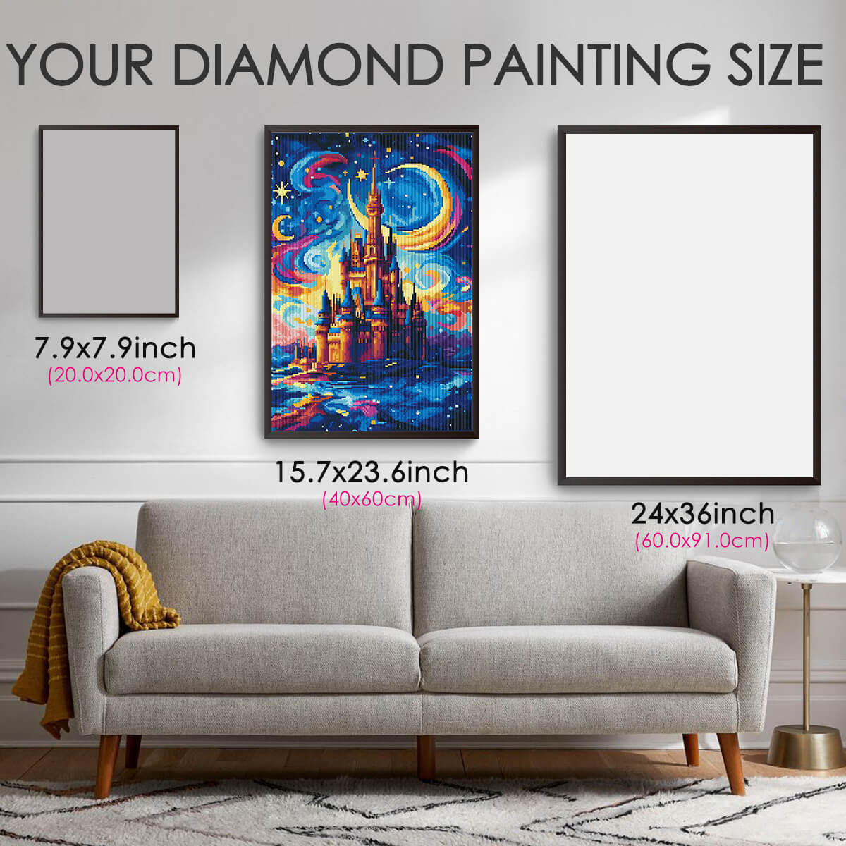 Diamond painting size guide – Starry Night Castle Dreams fantasy kit