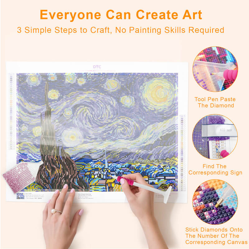Step-by-step drilling process for Starry Night diamond painting – DYC