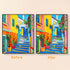 Original photo vs finished Street corner in Manarola diamond art — DYC