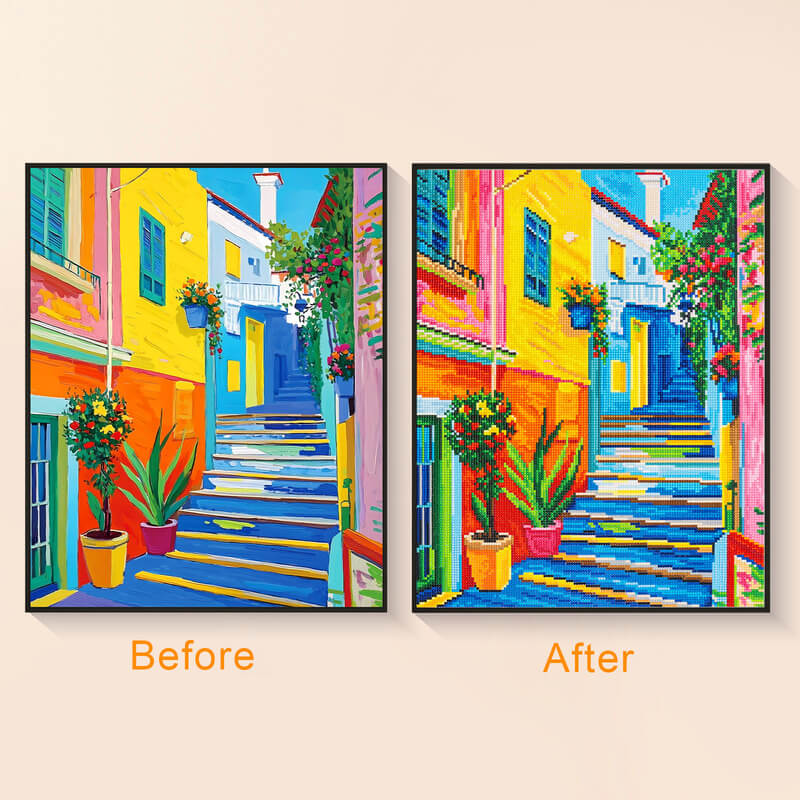Original photo vs finished Street corner in Manarola diamond art — DYC