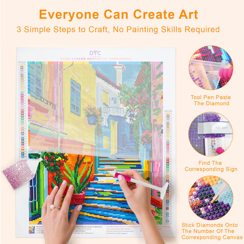 Step-by-step drilling process for Street corner in Manarola diamond painting — DYC