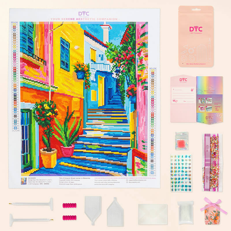 Complete diamond painting kit — Street corner in Manarola with tools — DYC