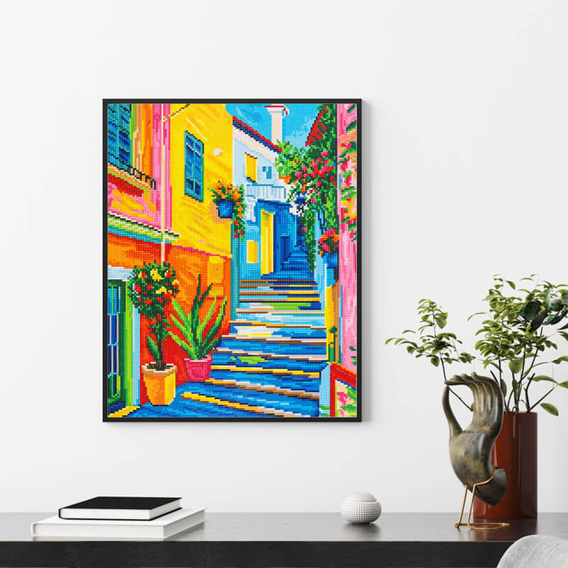 Street corner in Manarola diamond painting in home décor setting — DYC