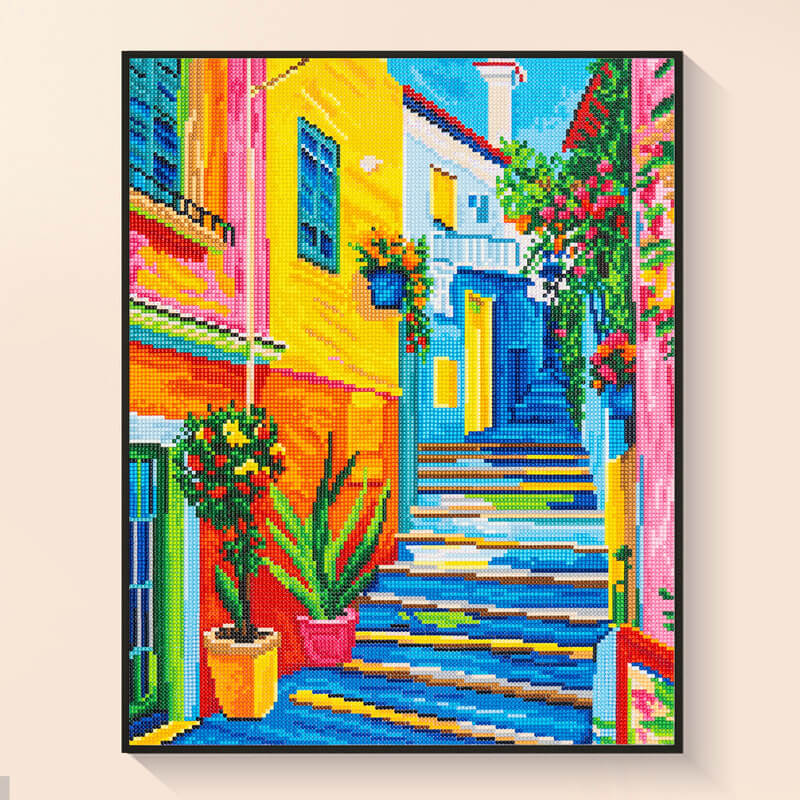 Finished Street corner in Manarola diamond painting kit result — DYC