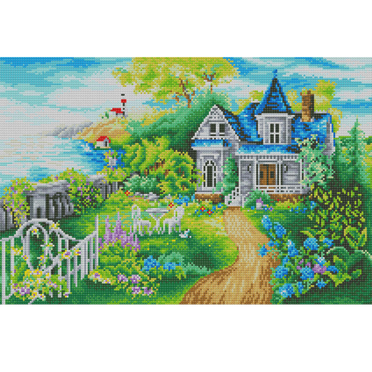 Summer landscape diamond painting – lighthouse garden manor by DYC