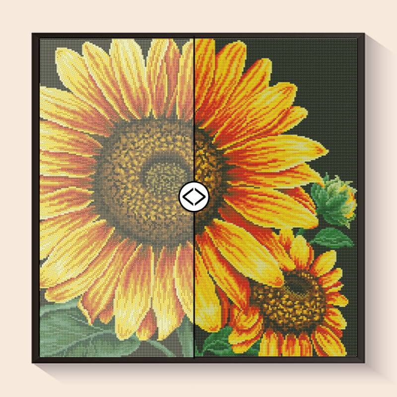 Before and after comparison – Golden Pair of Sunflowers Diamond Art Painting Kit | DYC