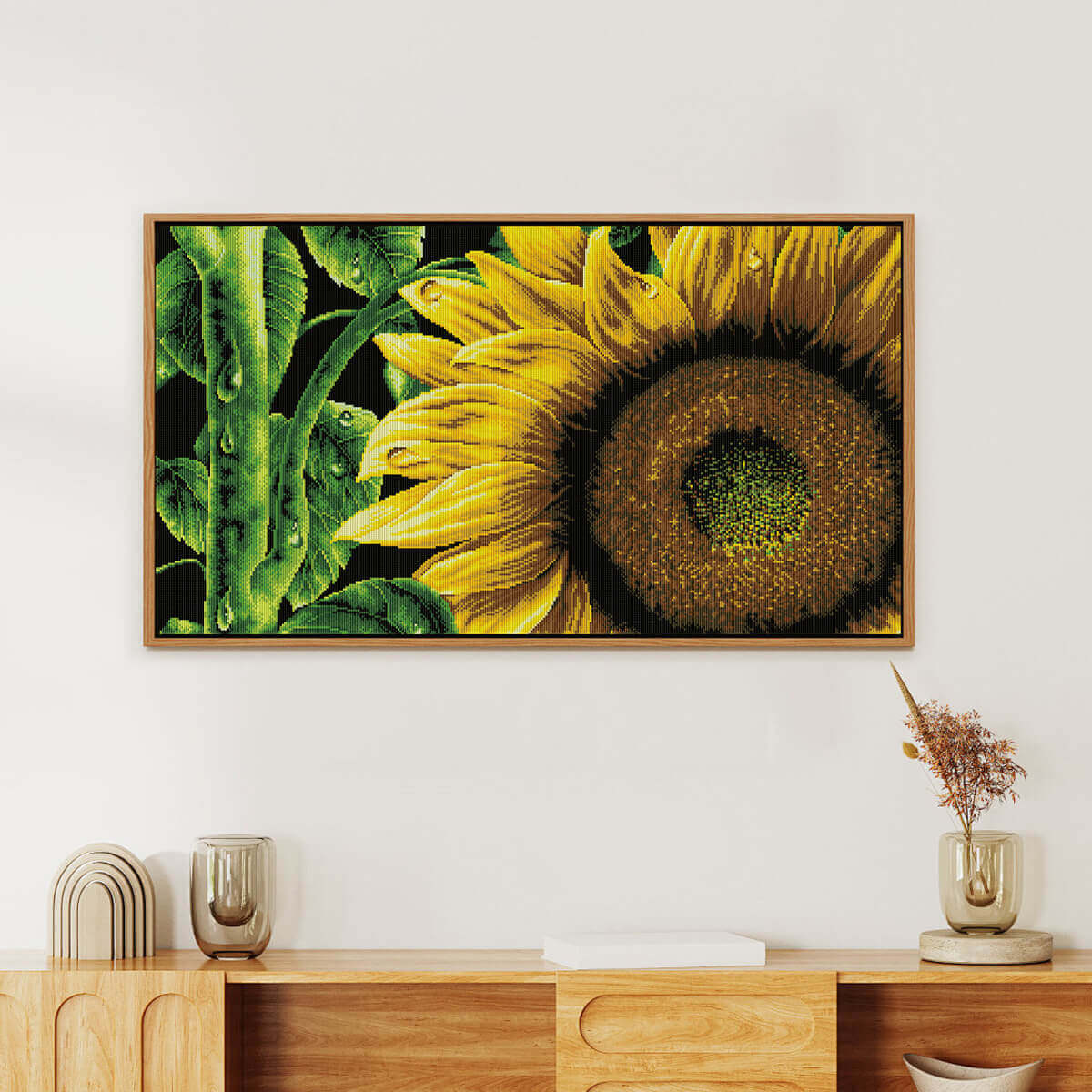 Wall decor scene with sunflower diamond art golden bloom and morning dew