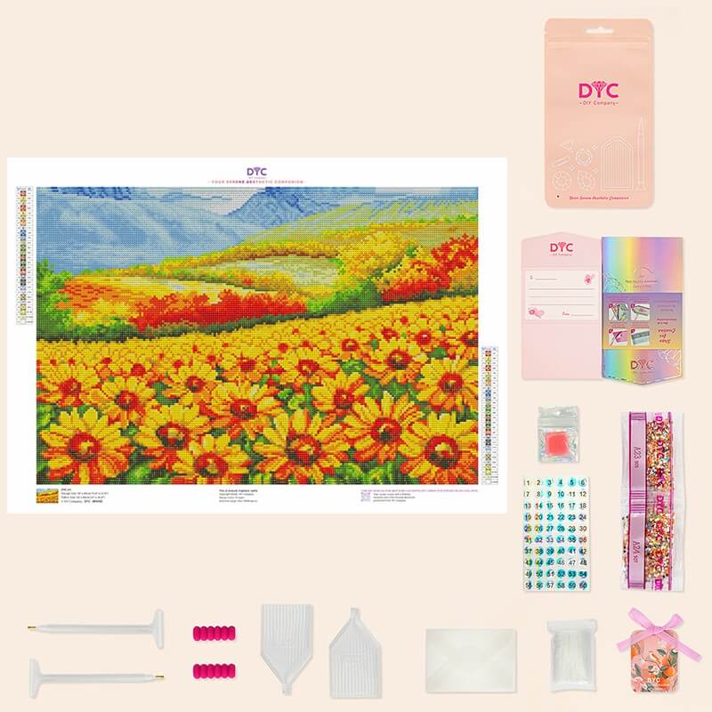 Lifestyle photo of Sunlit Sunflower Hills Diamond Painting displayed at home | DYC