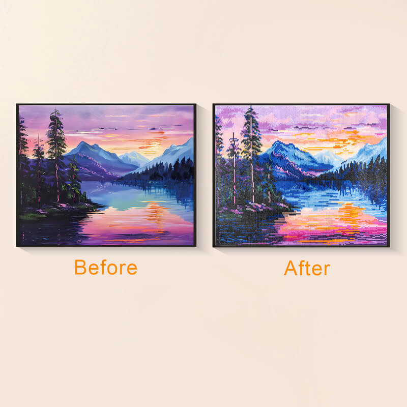 Original photo vs finished Sunset Lake diamond art kit – DYC