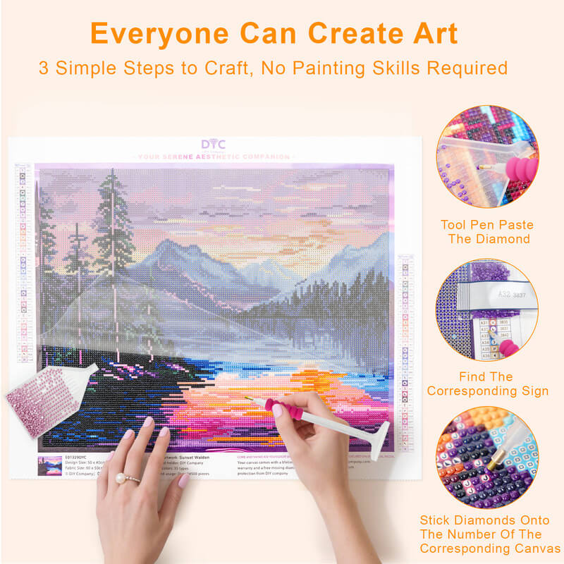Step-by-step process for Sunset Lake landscape diamond art – DYC
