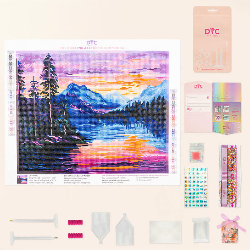 Complete Sunset Lake diamond painting kit with tools – DYC
