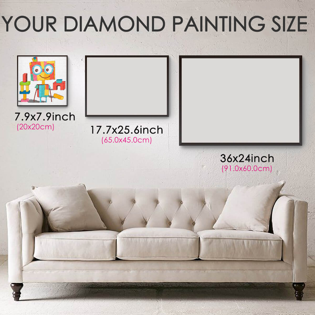 Diamond painting size guide – small to large The Player robot kit