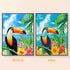 Before and after comparison of toucan tropical bird diamond art