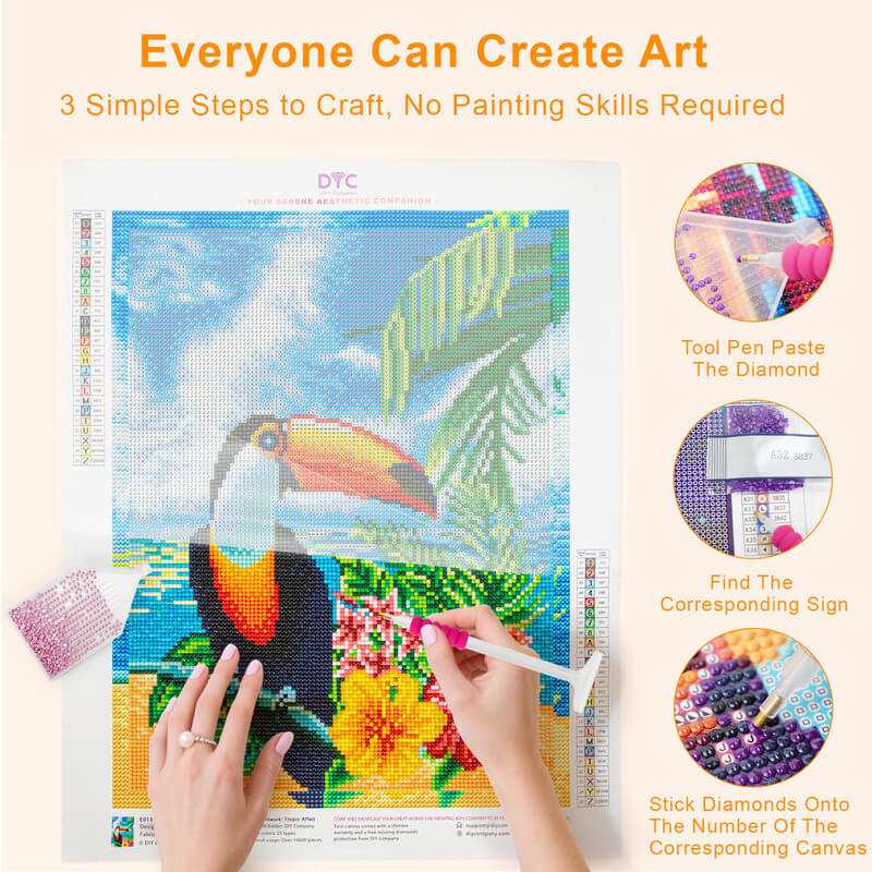 Step by step diamond art process of toucan tropical painting kit