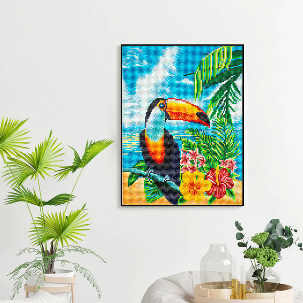 Tropical toucan diamond art displayed as exotic wall décor