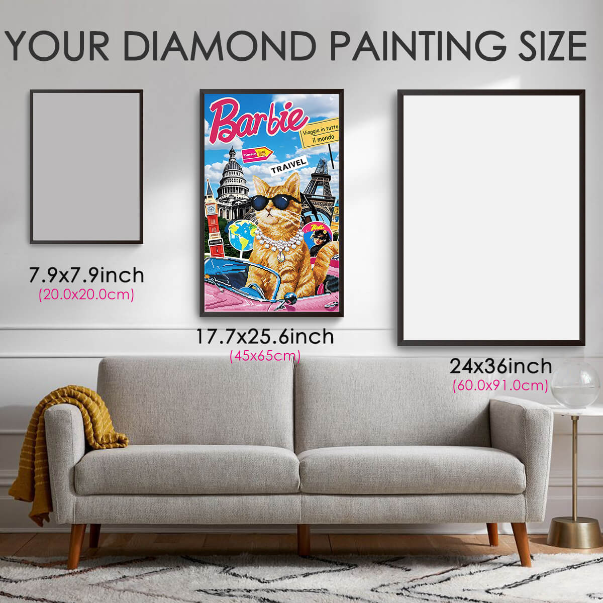 Size guide for Travel with the Glam Cat diamond painting kit