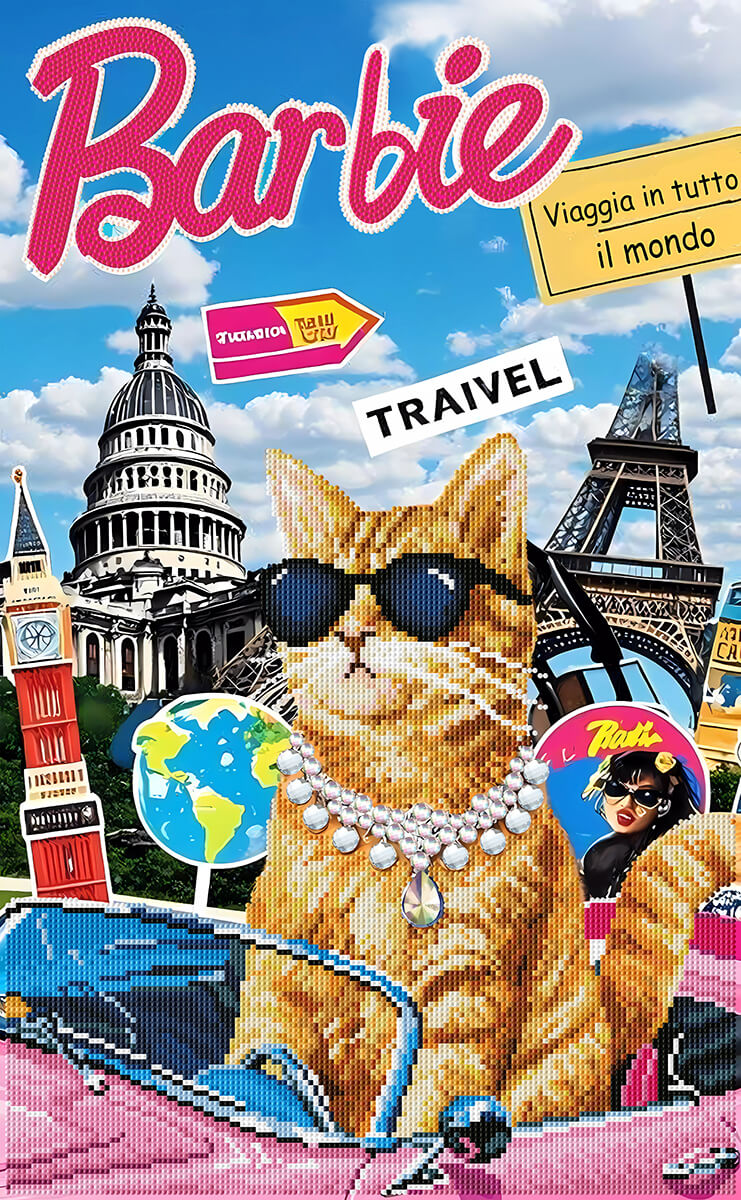 Reference artwork for Travel with the Glam Cat diamond painting kit