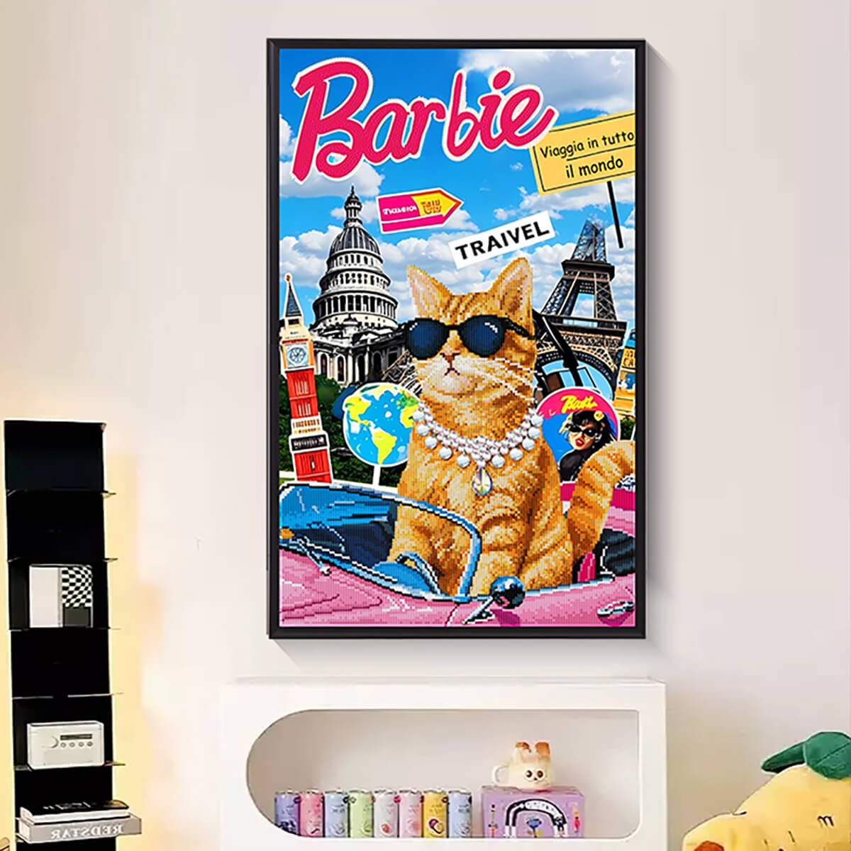 Travel with the Glam Cat diamond painting displayed as wall décor