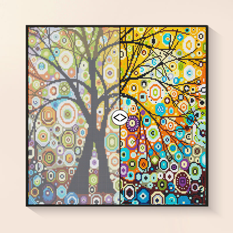 Before and after comparison of Tree of Life abstract diamond art painting