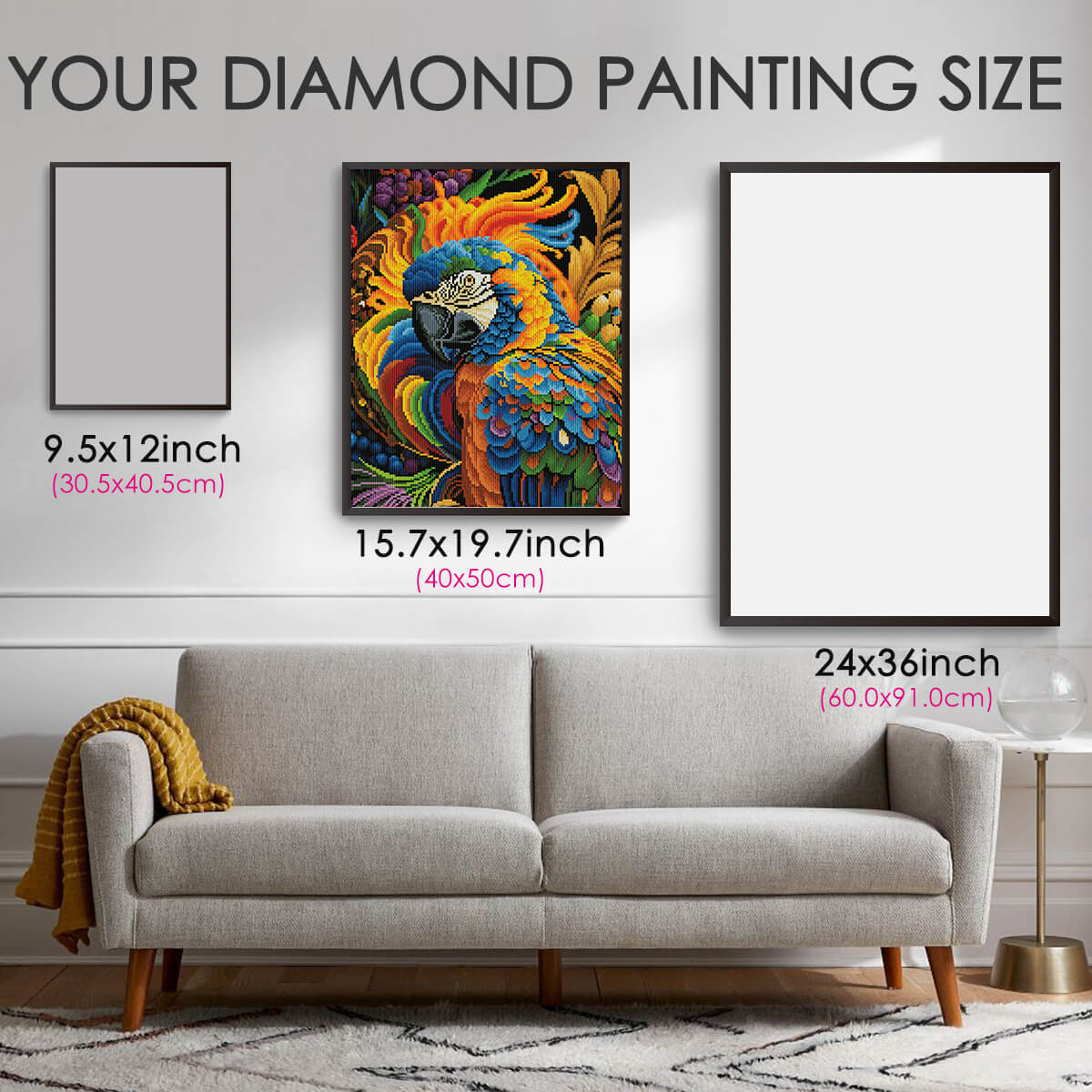 Diamond painting size guide – small to large Tropical Vibrance Parrot kit