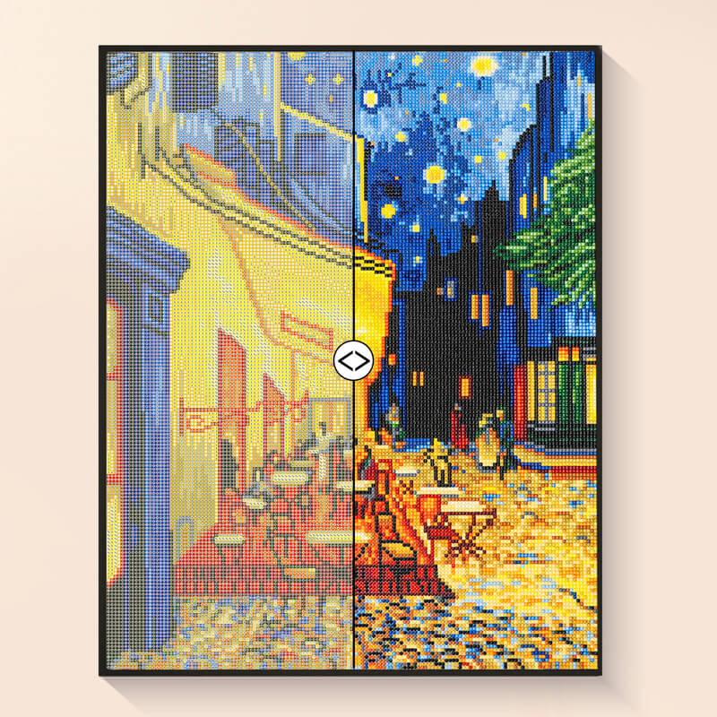 Before and after Van Gogh diamond painting Café Terrace DYC