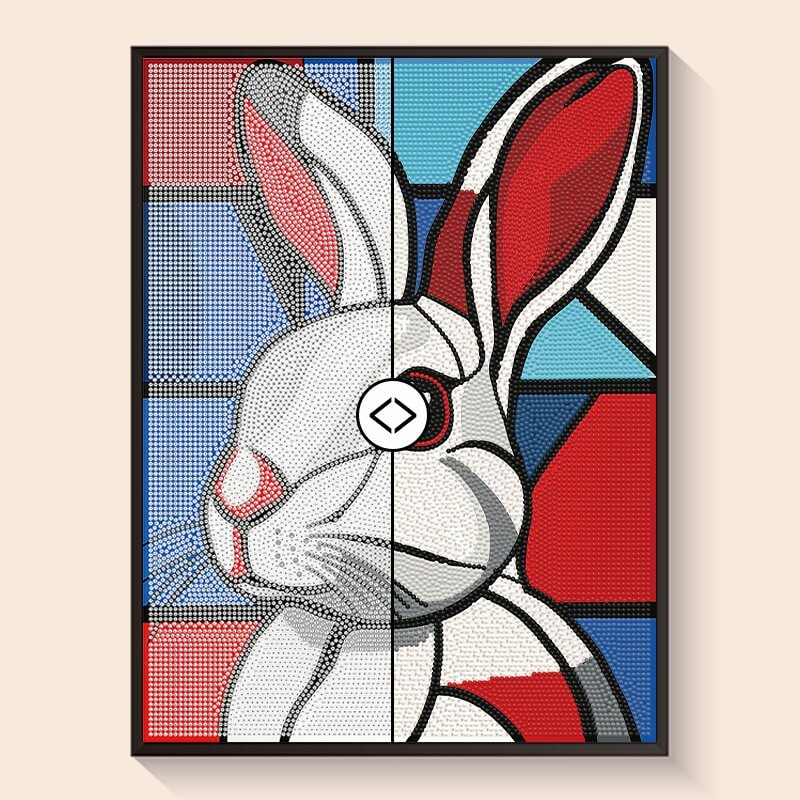 Original photo vs finished White Rabbit diamond art – DYC
