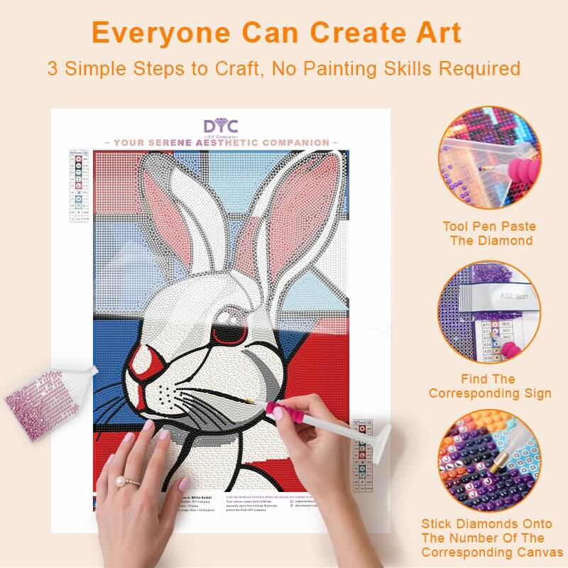 Step-by-step drilling process for White Rabbit diamond painting