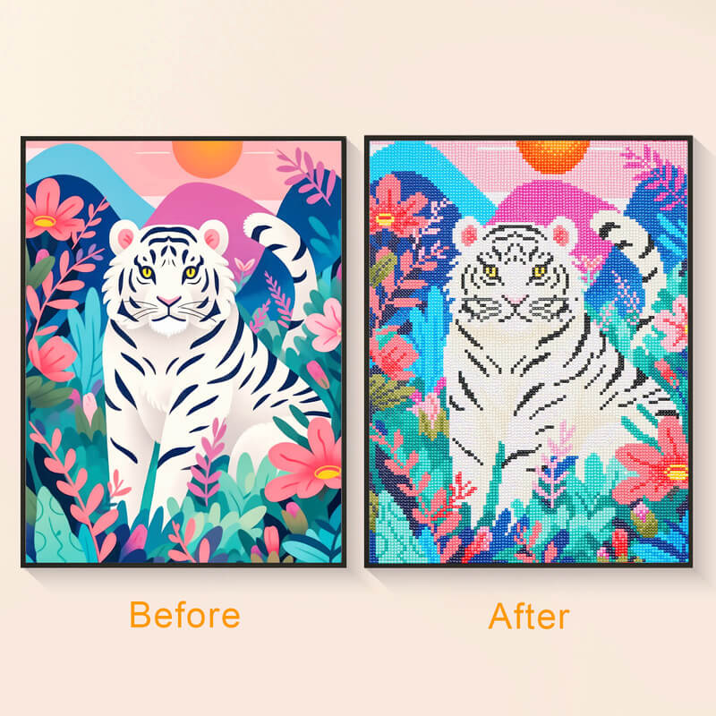 Before and after White Tiger diamond art kit DYC