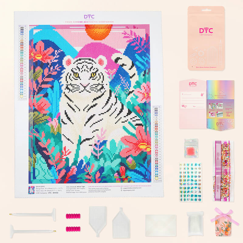 Complete White Tiger diamond painting kit with tools DYC