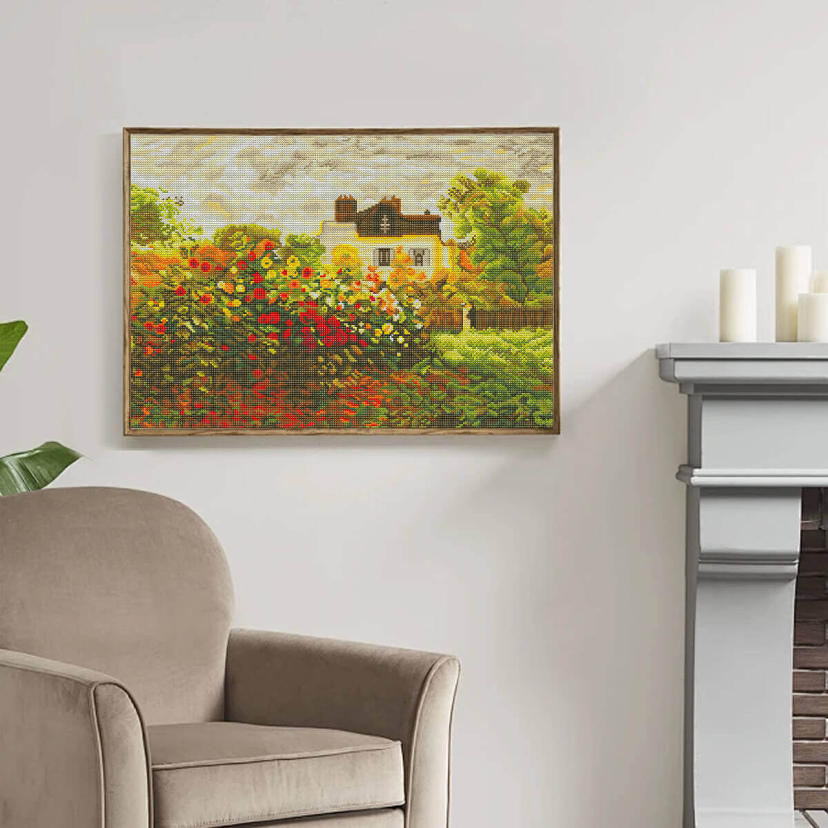 Wall decor scene with countryside cottage diamond painting wildflower meadow hut